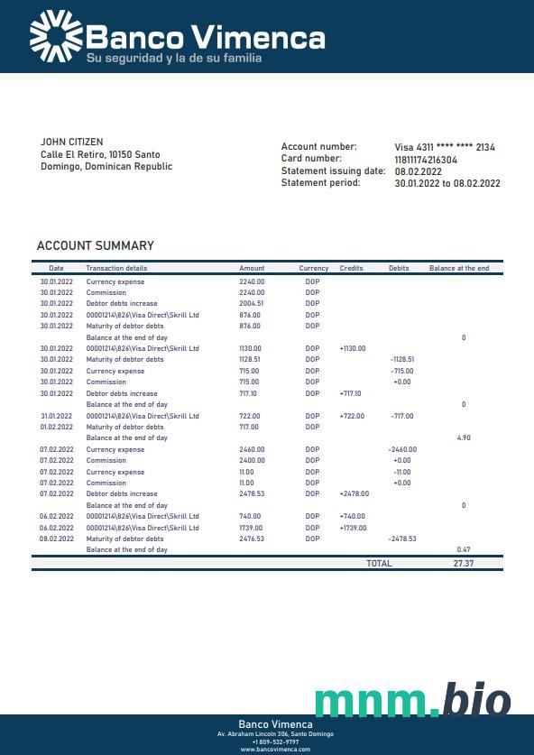 Dominikana Banco Agricola wyciąg bankowy 3-6 miesięcy przykład Word i PDF